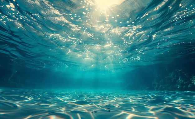 Photo underwater view of sunlight reflecting on water waves and bubbles