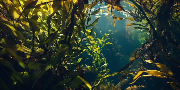 Underwater View of Sunlit Kelp Forest in Clear Ocean Waters