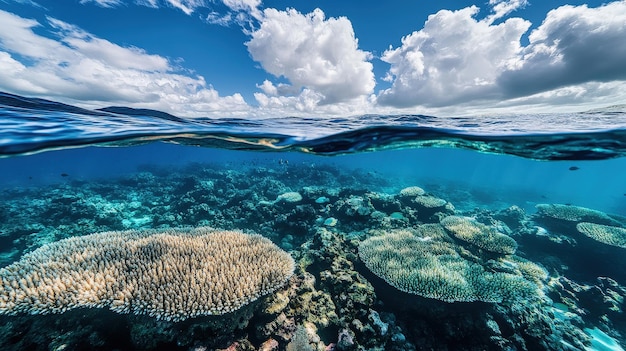 Underwater view of vibrant coral reefs with clear blue water and clouds above