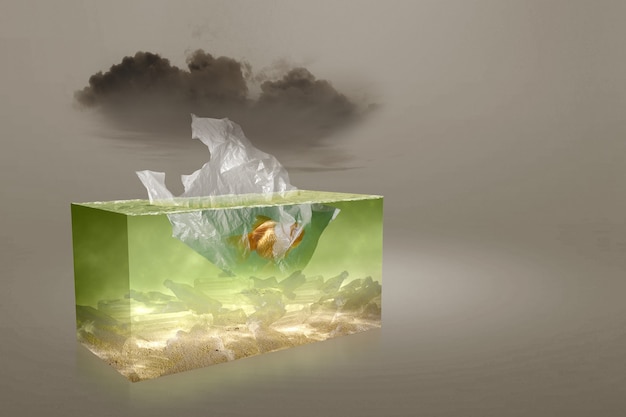 Underwater view with goldfish trapped in plastic bags on the lake. Plastic pollution. Environment concept