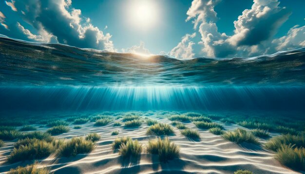 Underwater view with sun beams shining through water over a sandy sea bottom and seaweed with a blue and white background showcasing a serene aquatic concept Generative AI