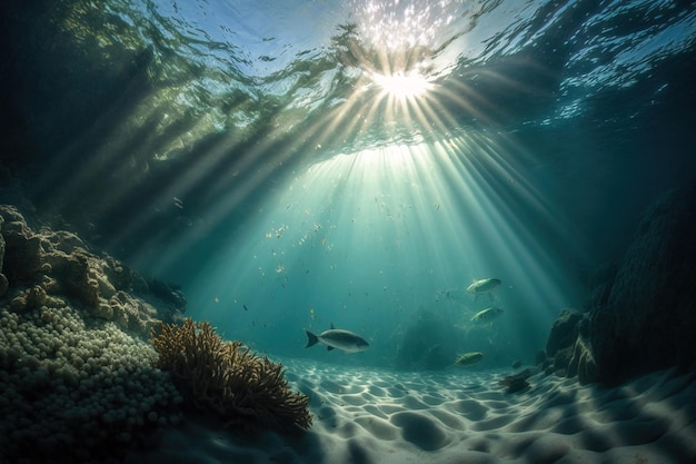 Underwater view with sunlight sunbeam and fishes background cinematic