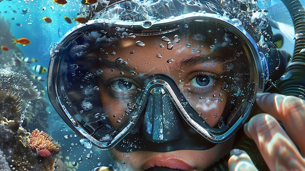 Photo underwater view of a young woman scuba divers eyes and mask