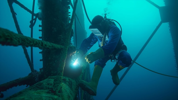 Underwater welder repairing a structure deep beneath the oceans surfac