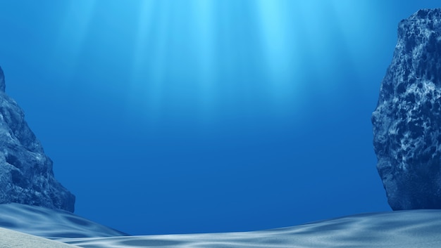 Underwater with sun rays and stones in deep blue sea, 3D Rendering