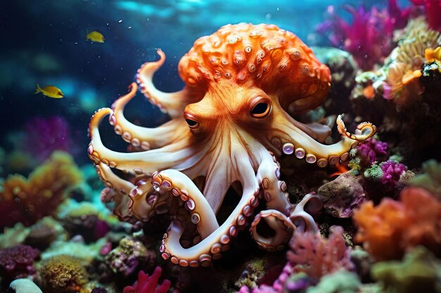 Underwater wonder Captivating image featuring an octopus amidst vibrant corals