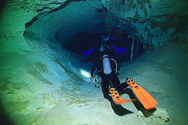 underwater world cave of yucatan cenote, dark landscape of stalactites underground, diver