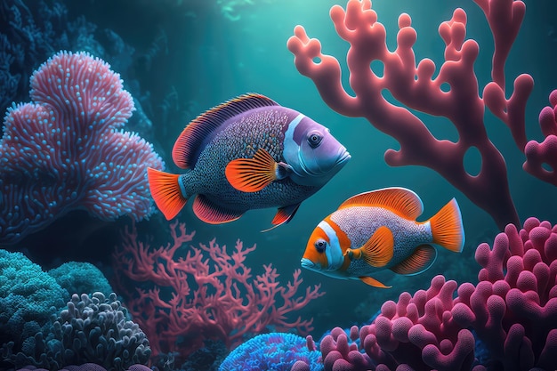 Underwater world Coral reef and tropical fish sea background Generative AI Illustration