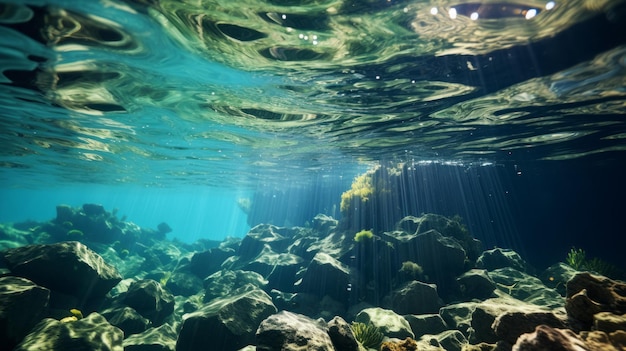 Underwater world deep water open sea bottom vast plain of submerged seaweed blue and green colors