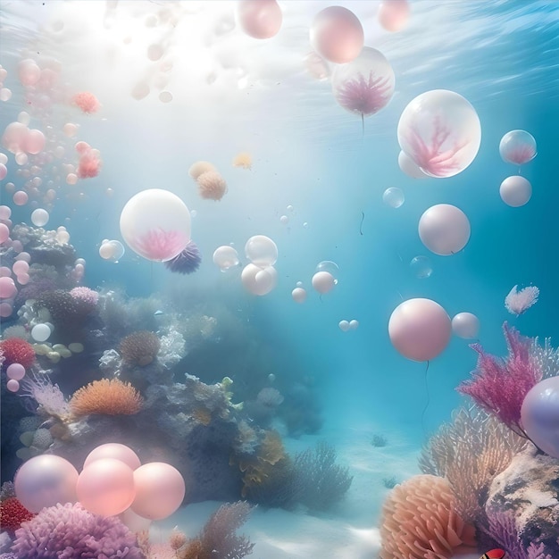 The underwater world a festive background with balloons the life of sea inhabitants