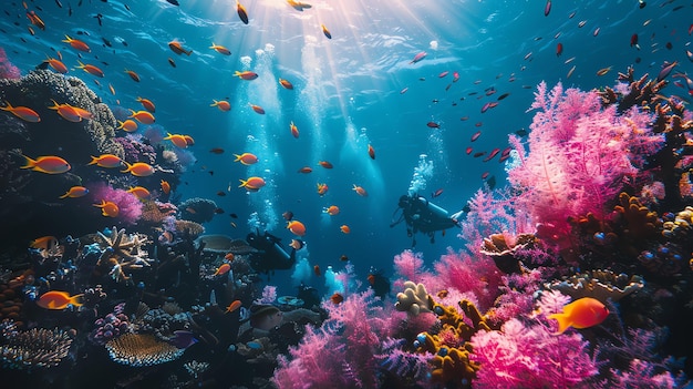 Underwater world full of life Colorful coral reef with tropical fish and two scuba divers