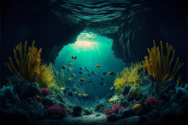 Underwater world scene Coral reef and sun ray shining through clean ocean water Created with Generative AI technology