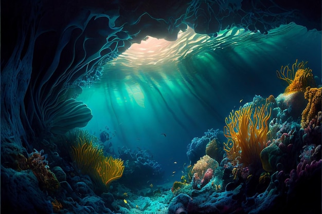 Underwater world scene Coral reef and sun ray shining through clean ocean water Created with Generative AI technology