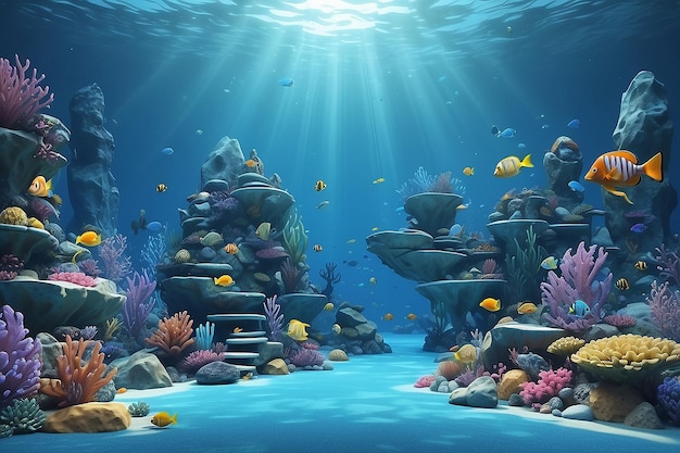 Underwater world with podium stone fishes Cartoon marine landscape blue color scene 3d render