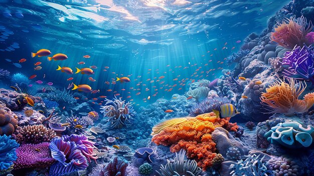 Underwater world with vibrant coral reefs and exotic marine life