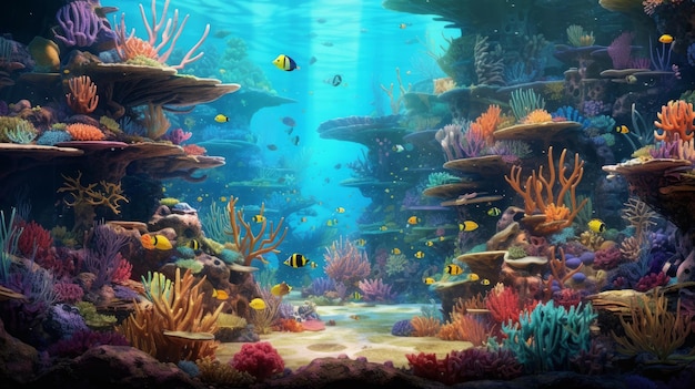 Underwater world with vibrant corals and colorful fish swimming around