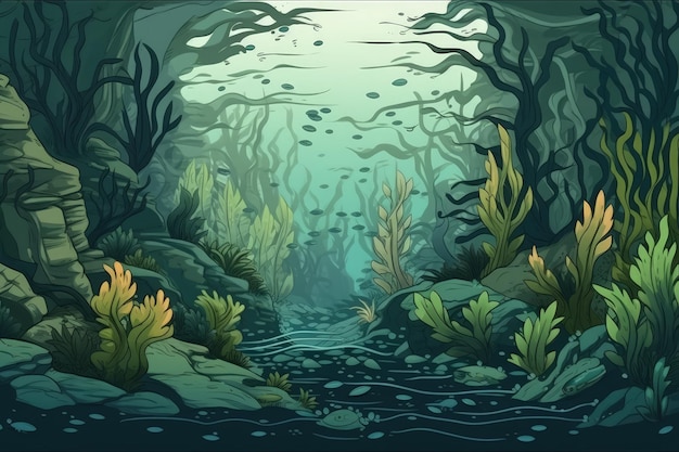 An underwater world with vibrant plants and rocky formations Generative AI