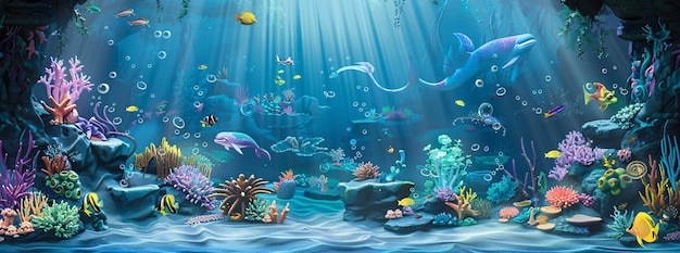 Underwaterthemed backdrop with mermaids and sea creatures accompanied by a 3D stage pedestal with a