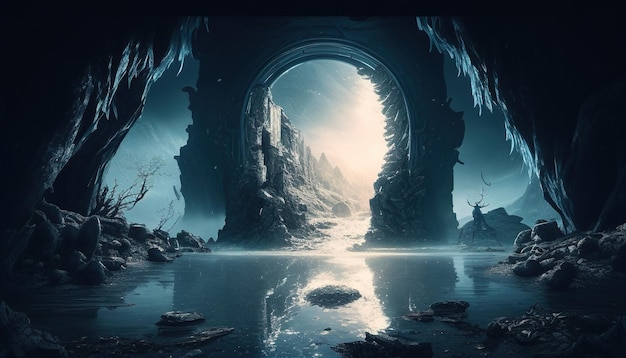 Underworld river portal digital art illustration Generative AI