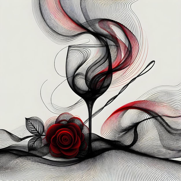 The undulating lines take the shape of a wine glass and a rose