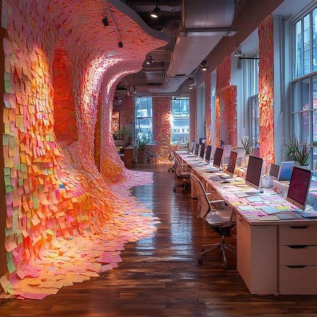 Photo an undulating office space covered entirely in sticky postit notes