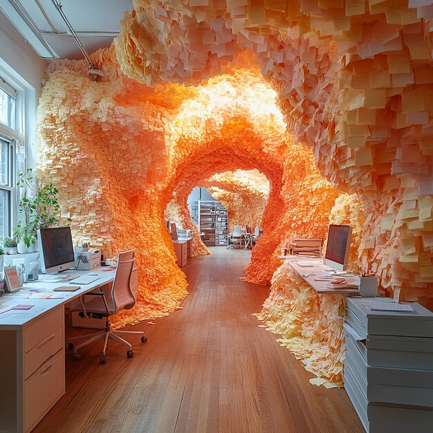 Photo an undulating office space covered entirely in sticky postit notes