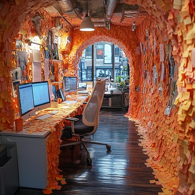 Photo an undulating office space covered entirely in sticky postit notes