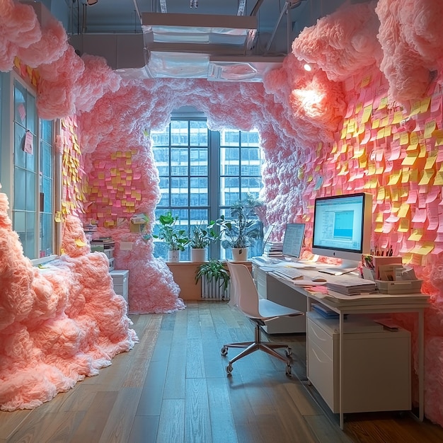 Photo an undulating office space covered entirely in sticky postit notes