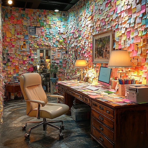 Photo an undulating office space covered entirely in sticky postit notes