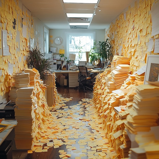 Photo an undulating office space covered entirely in sticky postit notes