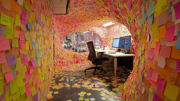 Photo an undulating office space covered entirely in sticky postit notes