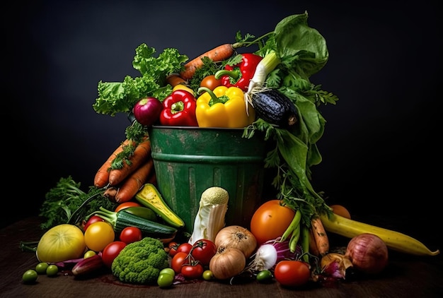 Uneaten unused spoiled vegetables thrown in the trash container