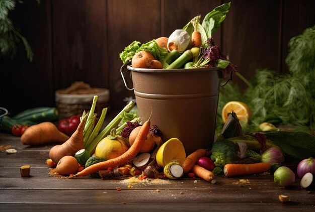 Uneaten unused spoiled vegetables thrown in the trash container