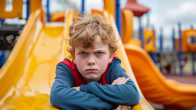 Unenthusiastic boy on yellow playground slide A preadolescent boy displays a lack of enthusiasm perched on a colorful playground slide