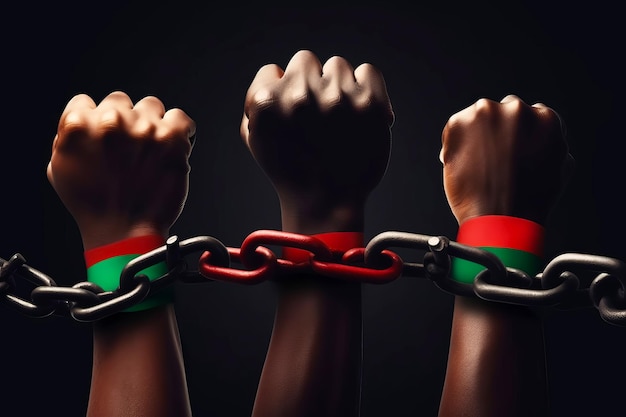 Uneteenth Independence Day concept Hands are shackled with a red green chain Generative AI illustration