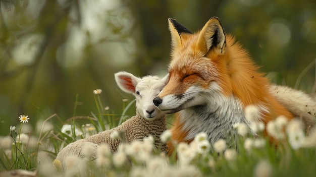 Unexpected Friendship Fox and Lamb Sitting Side by Side