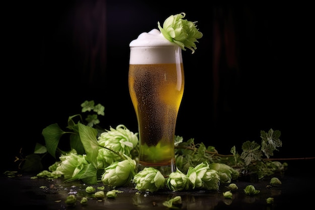 Unfiltered light beer with foam and green hops on a dark background