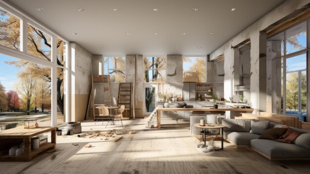 Unfinished home interior with large windows