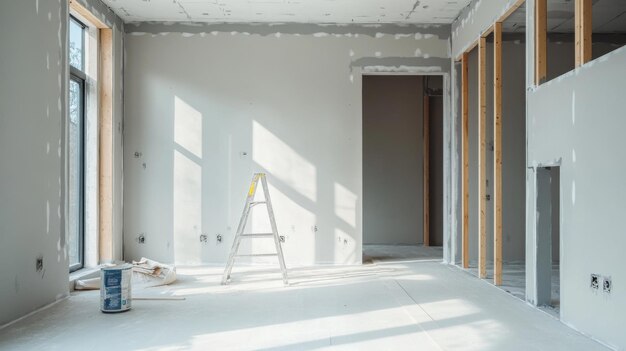 Photo unfinished room with ladder paint can and sunlight