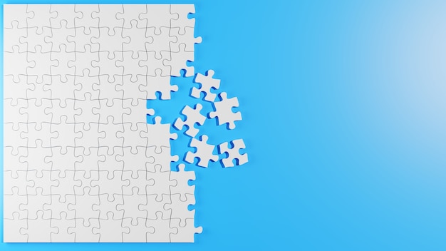 Unfinished white jigsaw puzzle pieces on a blue background3d rendering