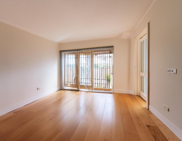 An unfurnished room featuring oak parquet flooring and a barred aluminum window