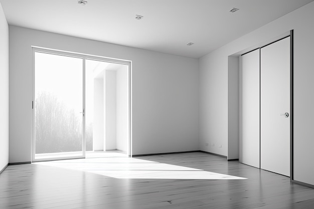 Unfurnished white room that is empty and unadorned Doors and sizable windows