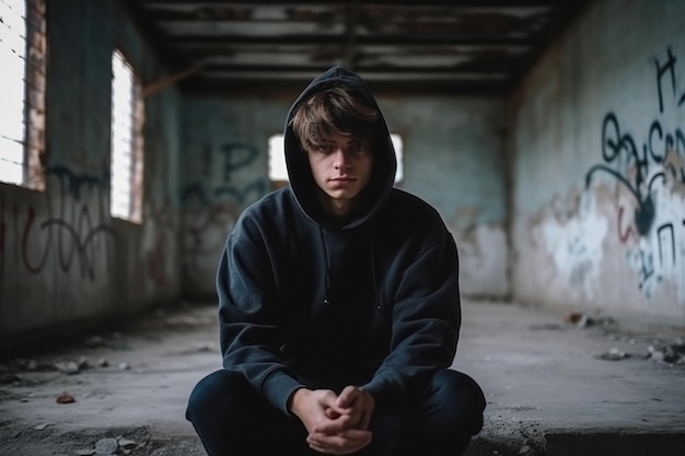 Unhappy depressed teenage boy wearing black sweatshirt in abandoned place Generative AI