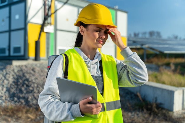 Unhappy female standing at the solar panels field feeling discomfort because of pain in her head Young woman suffering from headache desperate and stressed because pain and migraine Hand on head