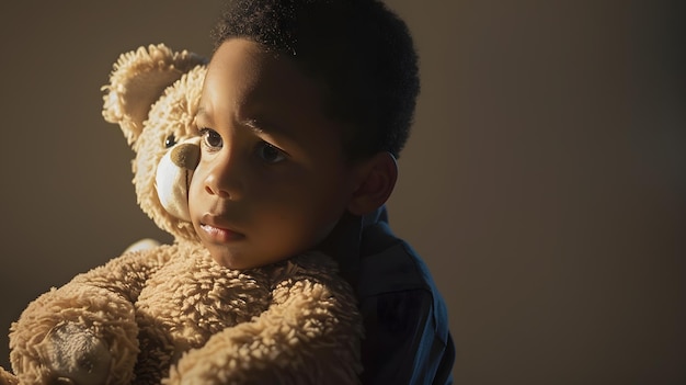 Unhappy mixed race little boy stand hugging stuffed teddy bear feel lonely lacking a Generative AI