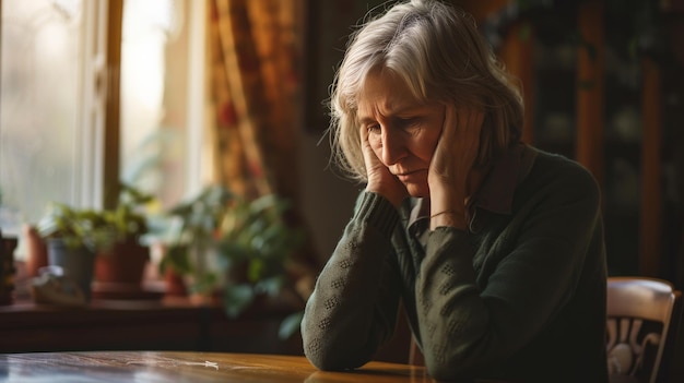 Unhappy old Caucasian woman sit at table at home cry feeling depressed sad suffer from life or health problems Upset lonely mature female distressed with loneliness solitude mourn yearn at home