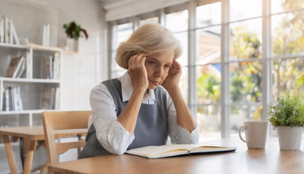 Photo unhappy old caucasian woman sit at table at home cry feeling depressed sad suffer from life