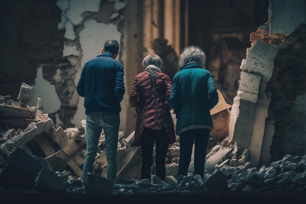 Unhappy people look at the destroyed house after the earthquake disaster Despair and tragedy Generative AI