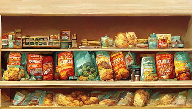 Unhealthy potato chips groceries on shop shelves digital illustration