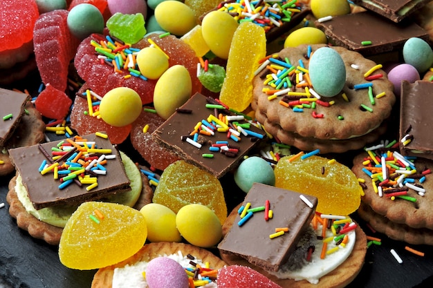 Unhealthy sweets. A set of sweets badly affecting the skin, body shape and well-being.